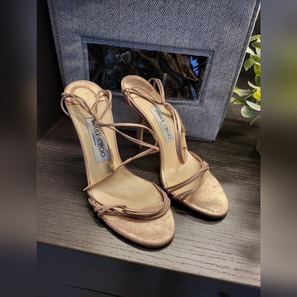 Jimmy Choo Rose Gold Metallic Strappy Heeled Sandal EU 36 1/2  US Size 6.5 - Picture 1 of 13